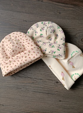 简约碎花婴儿帽子冬保暖胎帽女宝宝纯棉护卤门帽婴幼儿套头帽