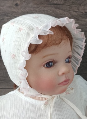 韩系梦幻款米色宝宝帽子婴幼儿花边公主帽胎帽初生婴儿帽子春秋款