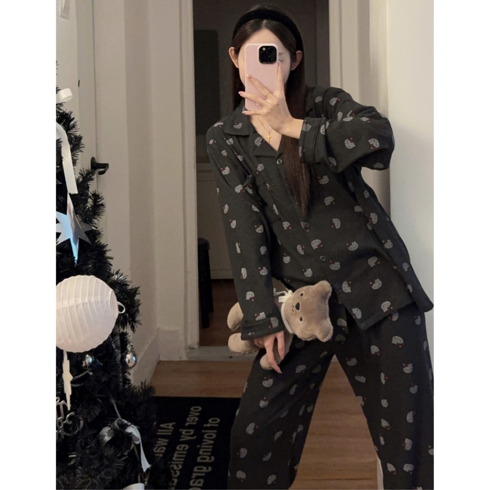 德绒睡衣女春秋季长袖开衫可爱卡通加厚宽松日韩秋冬款家居服套装