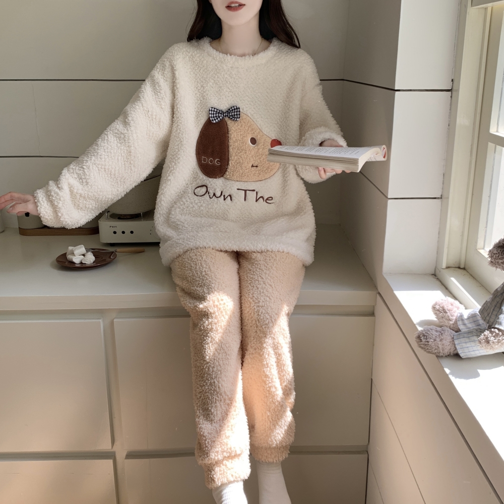 珊瑚绒睡衣女秋冬季长袖可爱卡通学生少女圆领套头保暖加厚家居服