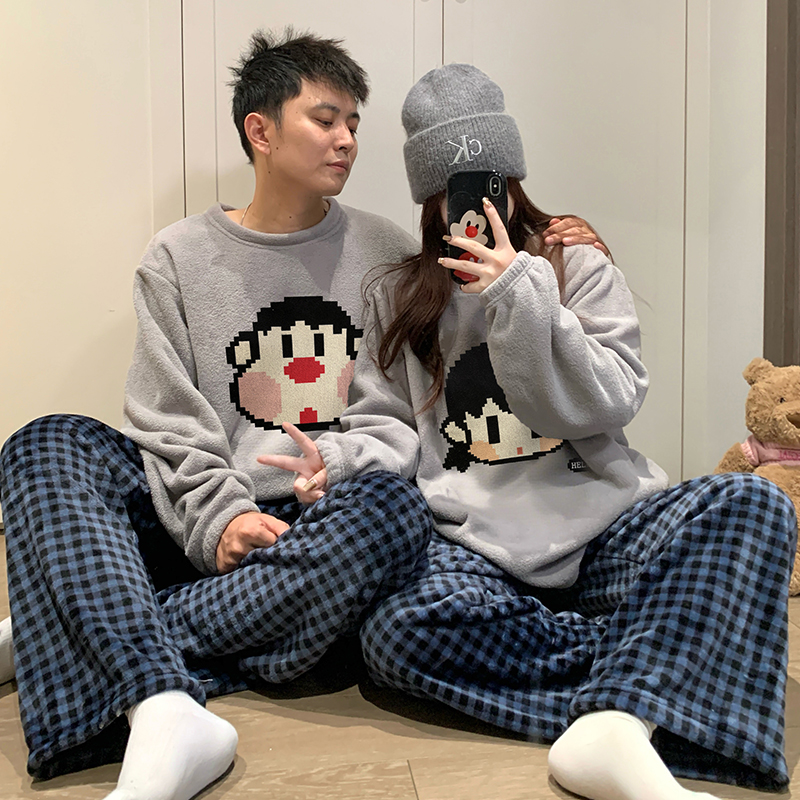 珊瑚绒情侣睡衣女秋冬季保暖厚款圆领套头男女宽松冬款家居服套装