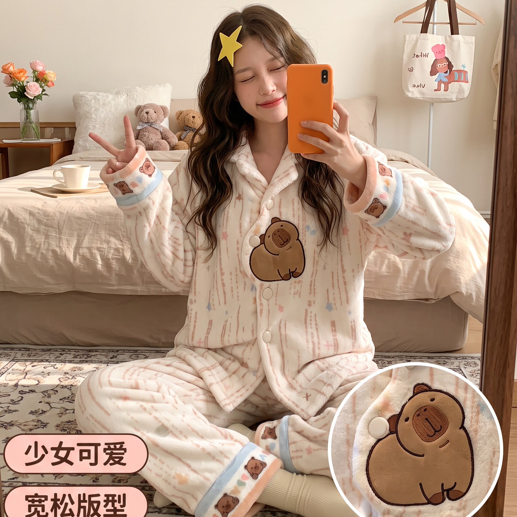 法兰绒睡衣女冬季保暖加厚可爱卡通少女翻领开衫珊瑚绒家居服套装