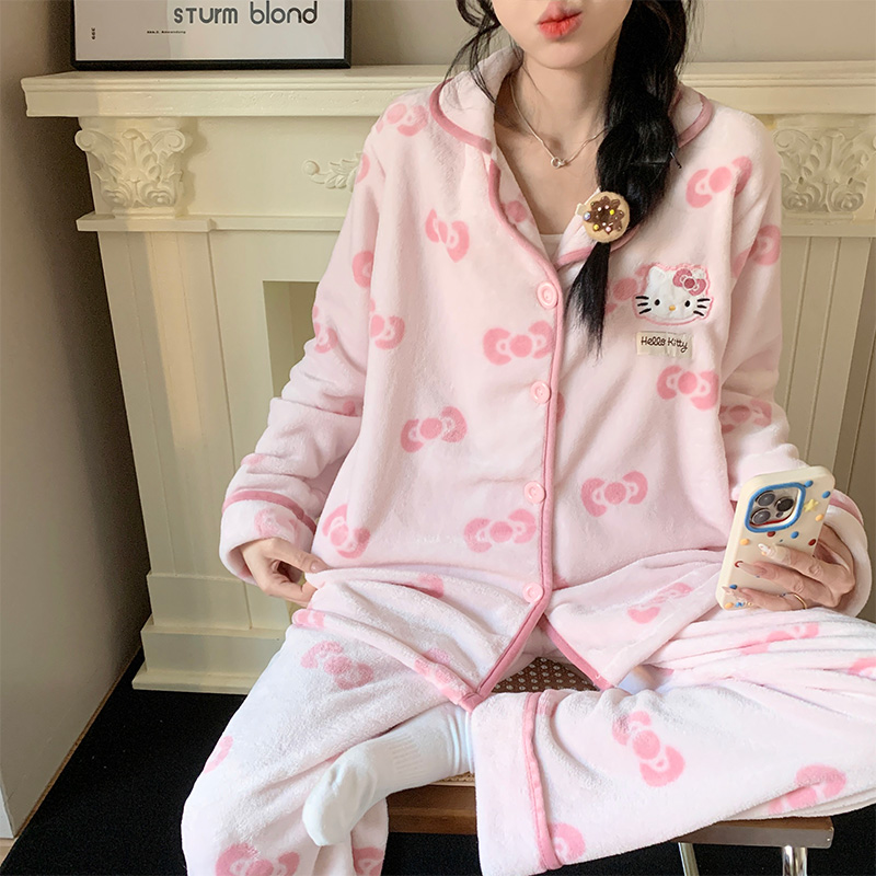 法兰绒睡衣女秋冬季保暖薄绒卡通学生开衫少女风珊瑚绒家居服套装