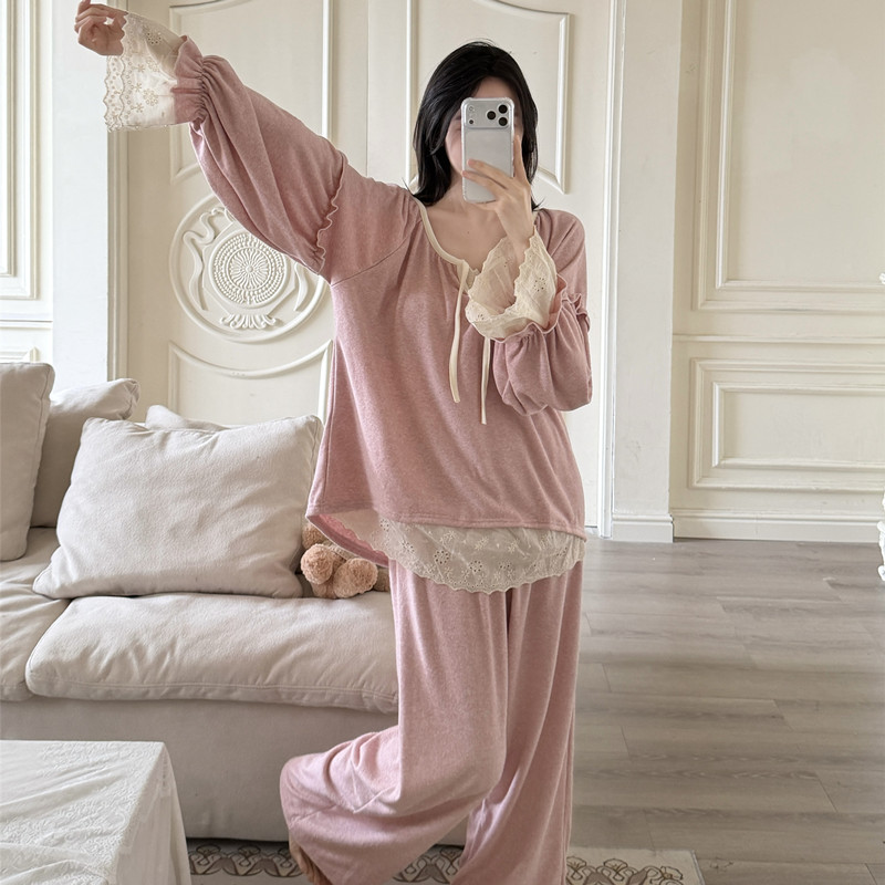 带胸垫羊绒睡衣女秋冬季保暖长袖甜美少女公主风花边冬款家居服套