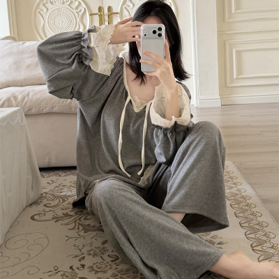 带胸垫羊绒睡衣女秋冬季保暖长袖甜美少女公主风花边冬款家居服套