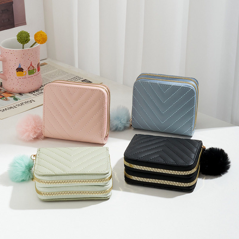 外贸bag2024新款双拉链女士钱包时尚V字绣线百搭毛毛球手拿包,箱包皮具/热销女包/男包,通用款女包,淘宝优惠券,粉丝福利购,淘宝优惠卷