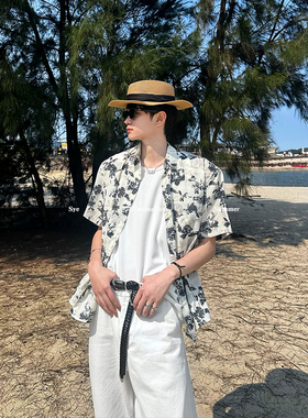 池边树/韩系轻薄复古碎花短袖衬衫男海边宽松透气休闲半袖上衣