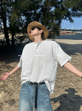 池边树/夏季小众设计肌理感亨利领薄款百搭短袖男T恤潮流针织衫