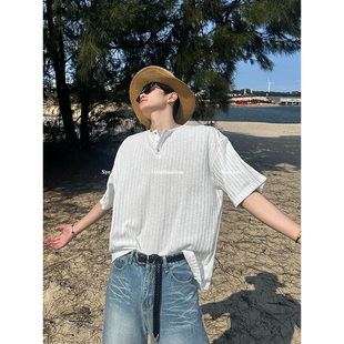 池边树/夏季小众设计肌理感亨利领薄款百搭短袖男T恤潮流针织衫