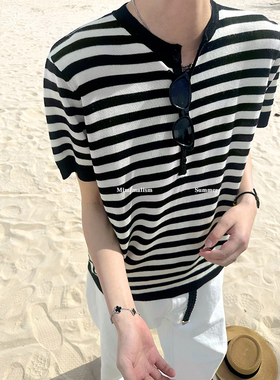 池边树/韩版撞色宽松休闲简约条纹圆领亨利领上衣针织短袖套头T恤