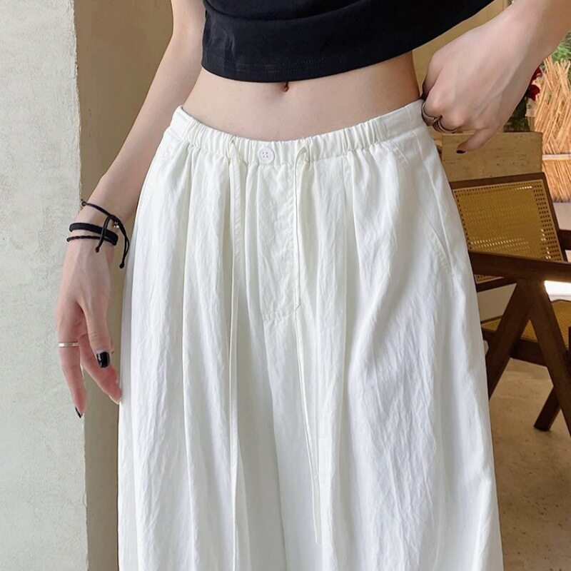 夏季新款慵懒亚麻白色裤子女宽松休闲棉麻冰丝垂感居家直筒阔腿裤