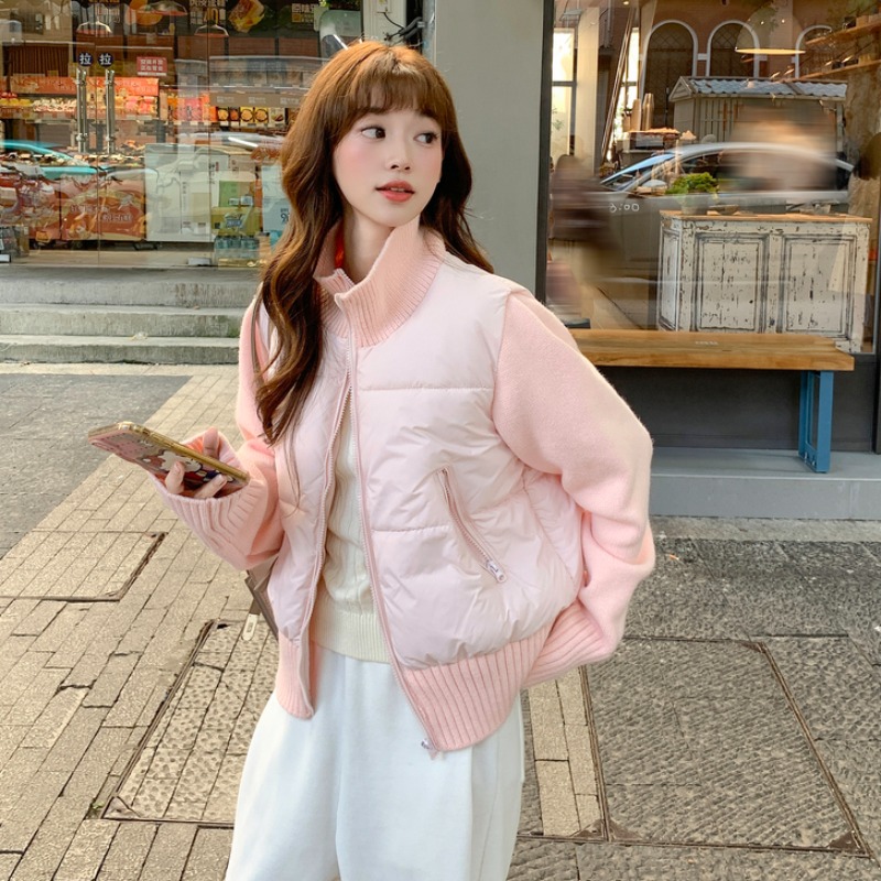 粉色针织拼接羽绒棉服小香风棉衣