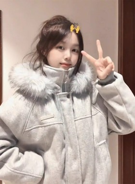 灰色大毛领连帽棉服男女款冬季美式复古毛呢保暖立领外套短款棉衣