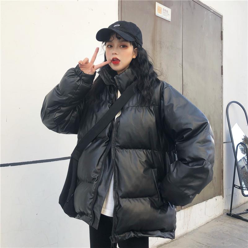 立领pu皮棉服女冬季新款韩系棉袄学生宽松加厚面包服外套潮ins