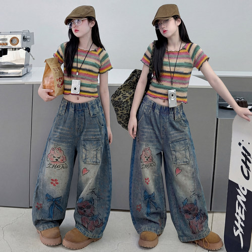 女童夏季潮酷T恤牛仔裤套装