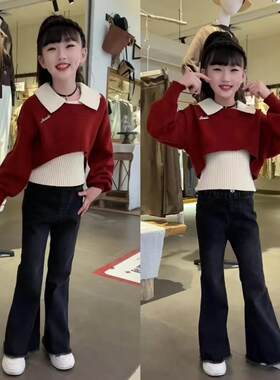 女童春秋洋气翻领毛衣套装2025新款时髦儿童蝙蝠衫韩系牛仔微喇裤