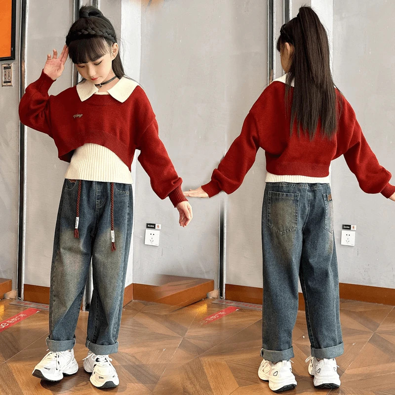 女童秋冬POLO领短款毛衣新款时髦儿童设计感宽松牛仔阔腿裤套装潮,童装/婴儿装/亲子装,套装,淘宝优惠券,粉丝福利购,淘宝优惠卷