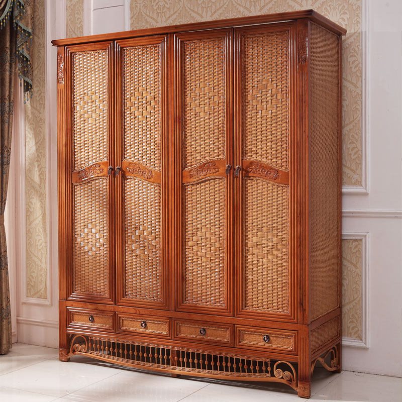 藤木衣柜 四门衣柜 平拉门衣柜 藤艺家具 藤木4门衣柜