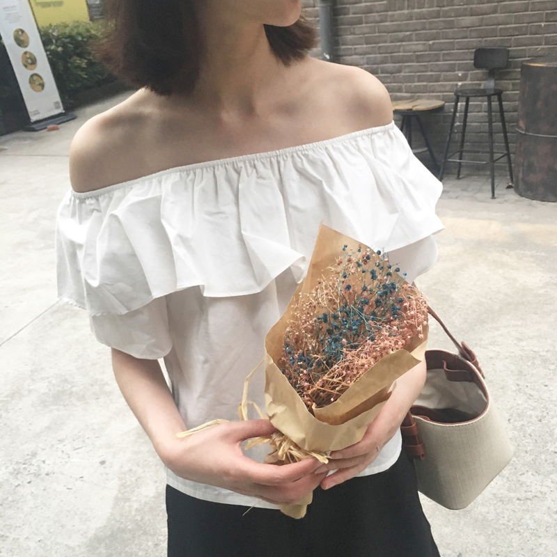 夏季韩版港风露肩露锁骨荷叶边上衣女学生宽松显瘦一字肩白色衬衣