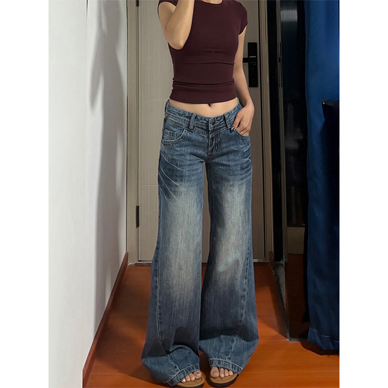 美式复古直筒水洗微喇叭牛仔裤