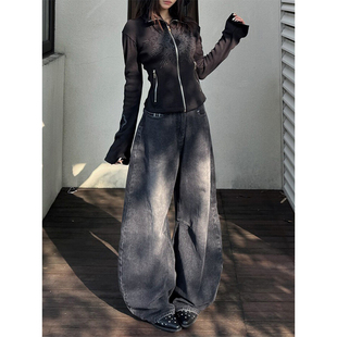 美式水洗格子拼接弯刀牛仔裤女2026夏季新款宽松直筒阔腿拖地裤子