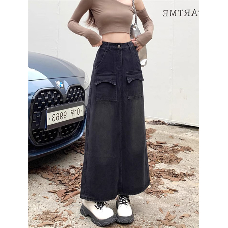 复古开叉A字牛仔长裙女