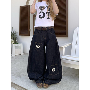 高腰新款 美式 女2025秋季 直筒闊腿褲 復(fù)古寬松字母印花彎刀牛仔褲 子