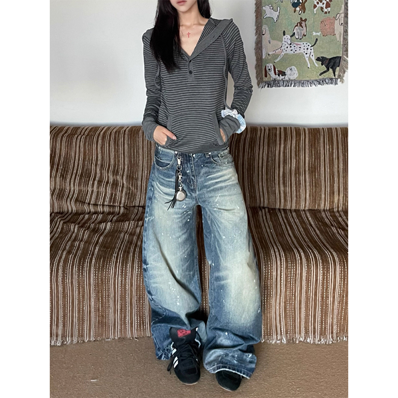 美式复古宽松泼墨水洗弯刀牛仔裤