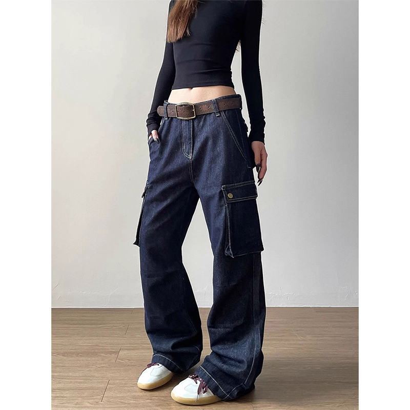 美式宽松多口袋阔腿工装牛仔裤