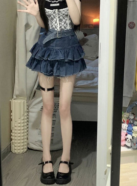 蛋糕A字百褶牛仔短裙裤女