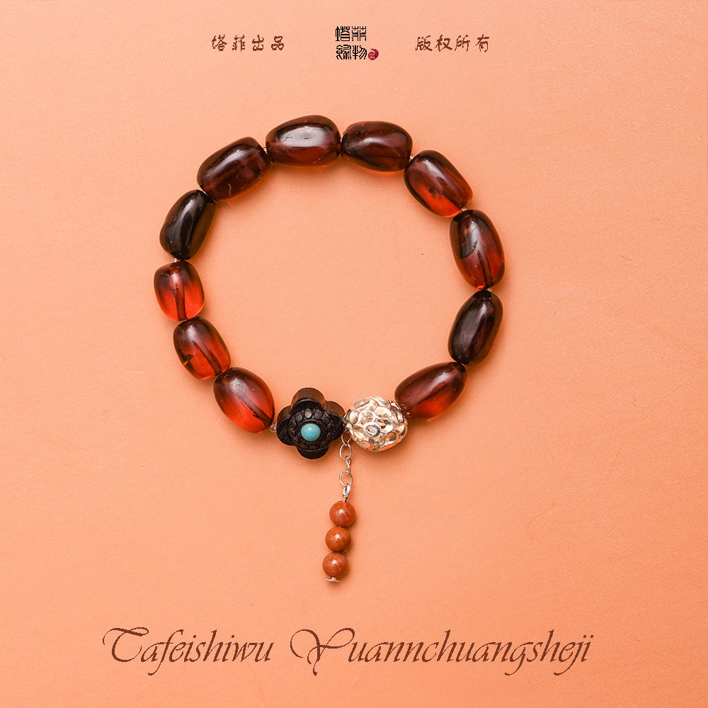 原创设计天然原矿血珀手链女款琥珀随形手串闺蜜礼物饰品小众纯银