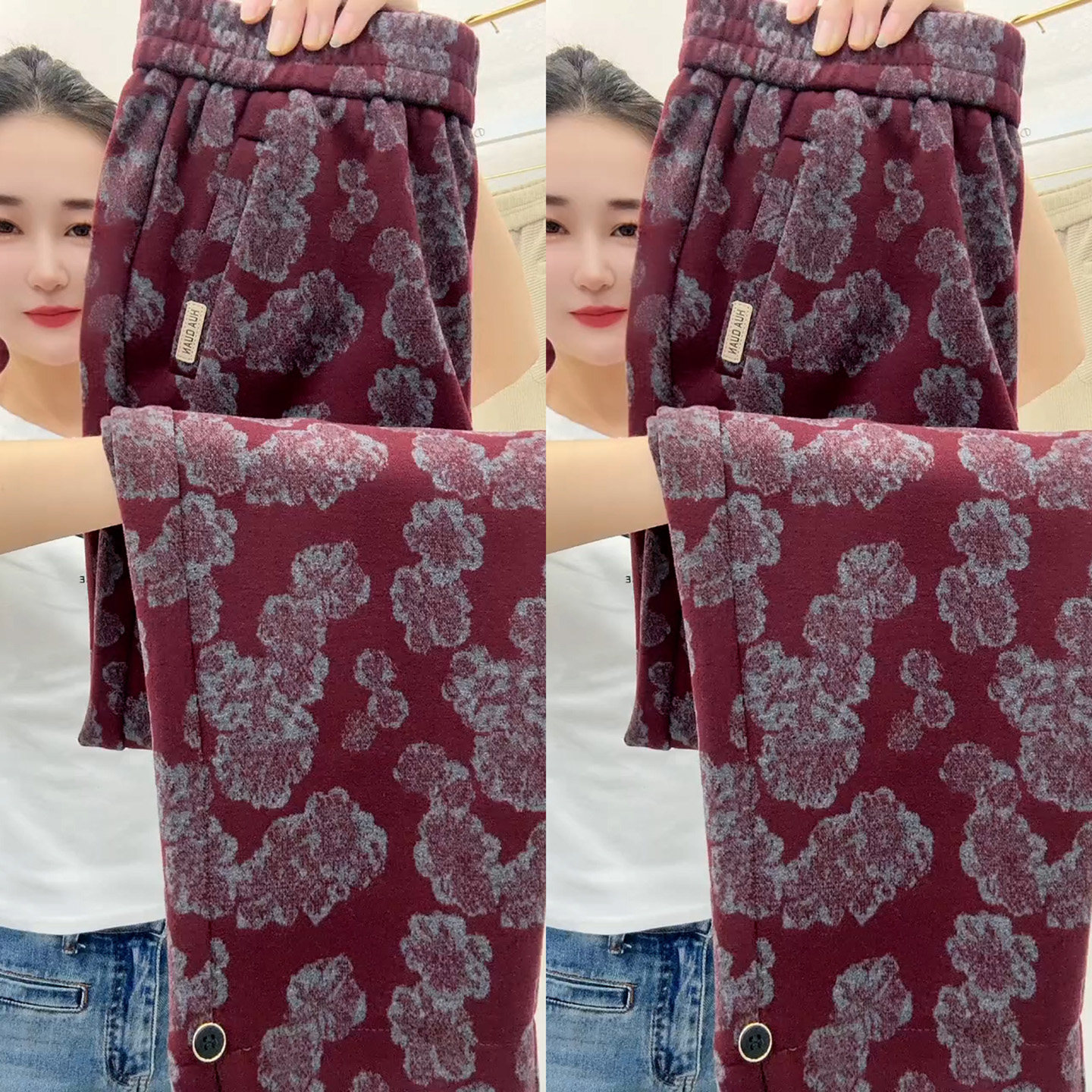 中年妈妈红色印花休闲九分哈伦裤女2026春季新款减龄气质显瘦裤子