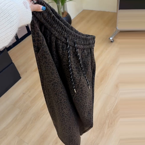 秋季复古豹纹九分阔腿裤女显瘦