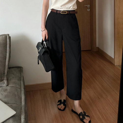 夏季黑色高腰显瘦阔腿九分女裤