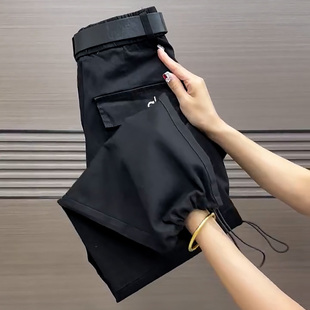 黑色高腰刺绣裤脚抽绳九分哈伦裤女春季胖妹妹宽松洋气美式工装裤