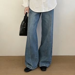 女2026夏季 休闲风裤 新款 百搭时尚 子 高腰宽松显瘦阔腿裤 烫钻牛仔裤