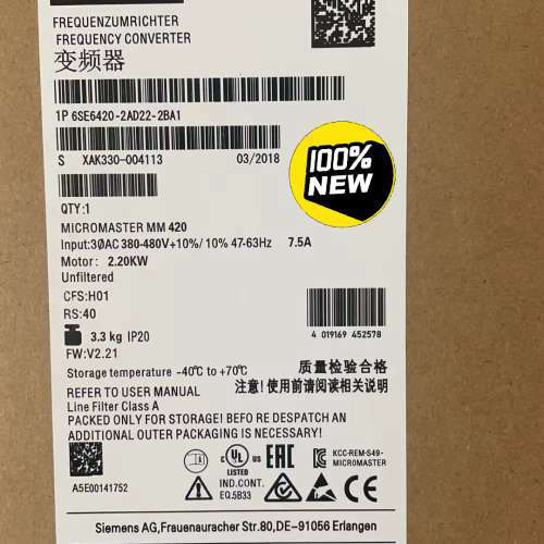 全新原装6SE6420-2AD22-2BA1全新MM420变频