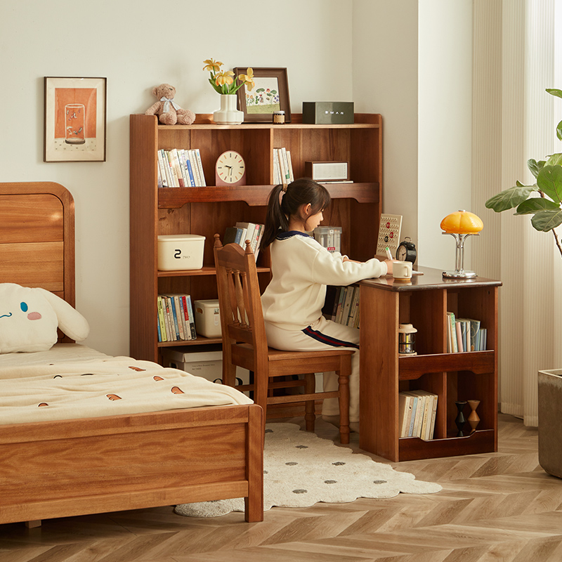 金多喜实木儿童学习桌中古风书桌书架一体家用小户型复古风写字桌