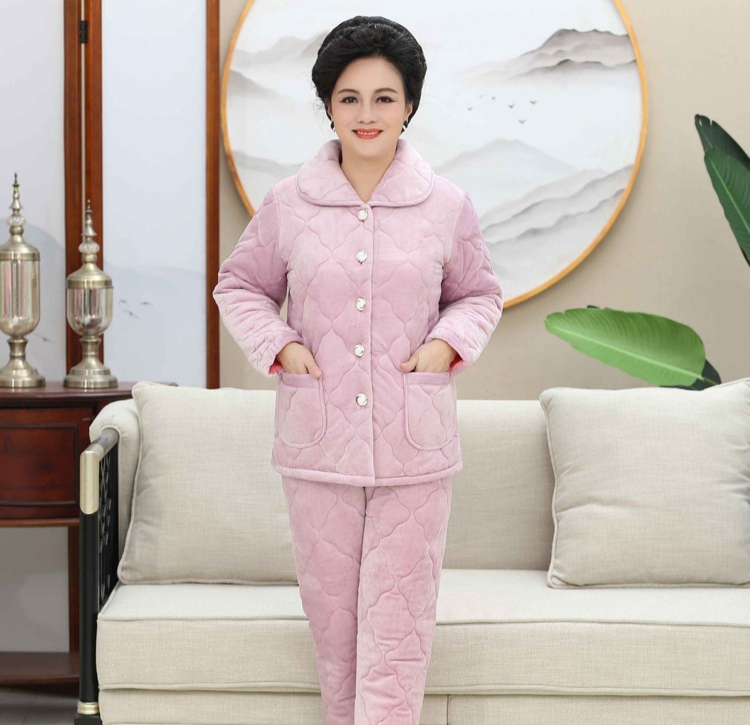 冬季中老年人夹棉法兰绒家居服