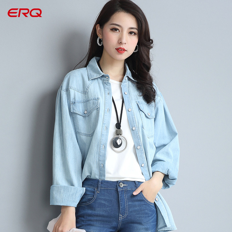 erq浅蓝色纯棉中长款牛仔衬衫女长袖设计感小众百搭