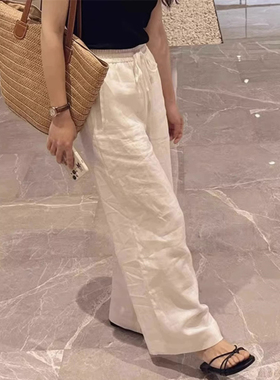 白色松紧腰抽绳棉麻休闲阔腿裤女夏季高腰垂感小个子薄款拖地裤子