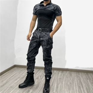 夏季户外战术迷彩套装短袖t恤男耐磨透气黑蟒纹工装裤军训服休闲