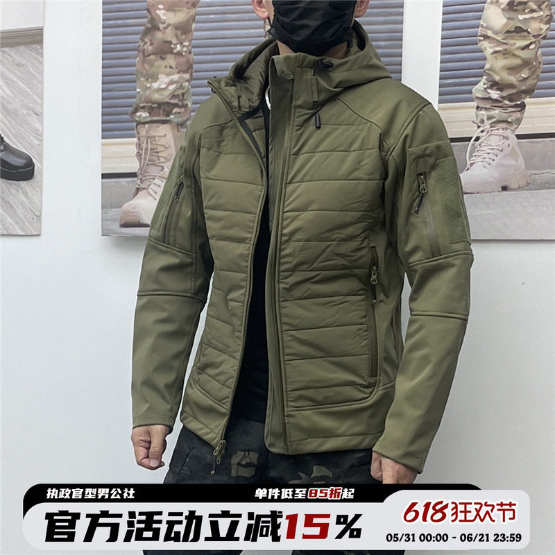 春秋冬户外战术薄棉服男保暖防风防水连帽外套冲锋衣迷彩夹克轻便