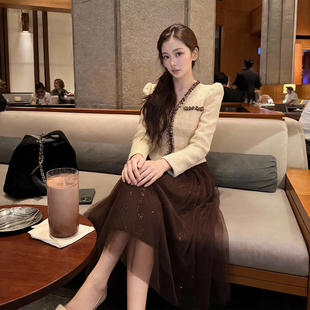 时尚假两件亮片网纱连衣裙女装高腰拼接千金风名媛穿搭高级感裙子