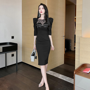 高级感重工镶钻连衣裙女蕾丝拼接泡泡中袖垫肩收腰显瘦裙子赫本风