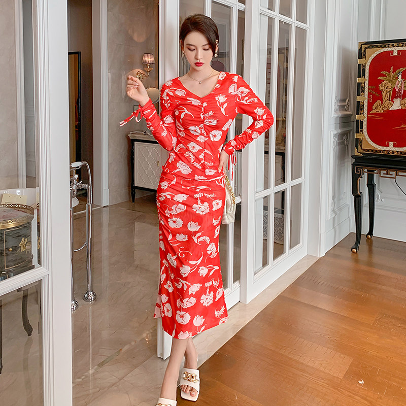 御姐炸街两件套秋装气质温柔甜辣风网纱印花上衣包臀半身裙套装女