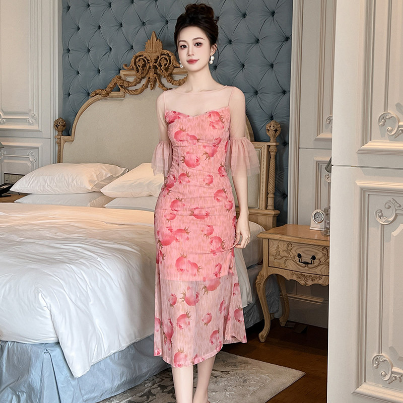 抹胸露锁骨印花网纱连衣裙中长款小众设计喇叭袖性感超仙鱼尾裙女