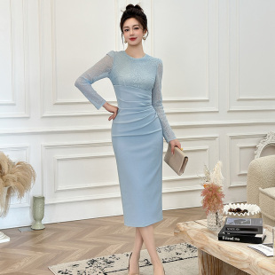 蕾丝裙子 高腰显瘦千金风褶皱长袖 性感轻奢超有女人味 连衣裙新款