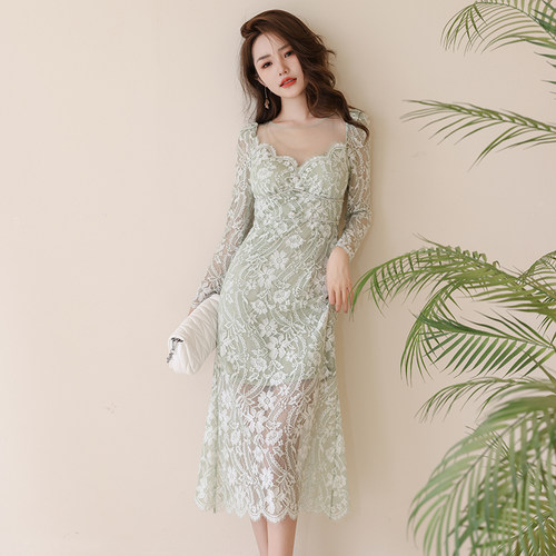 田园风绿色小清新碎花连衣裙