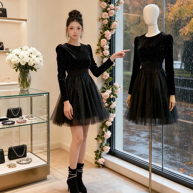 网纱连衣裙收腰显瘦女装